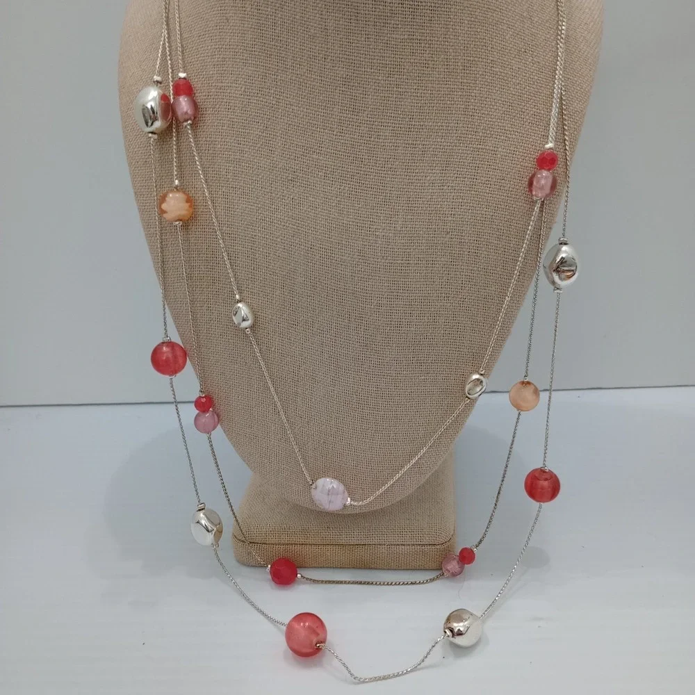 Long Layered Silver Tone Station Necklace Pink Coral Beads Stamped NWT